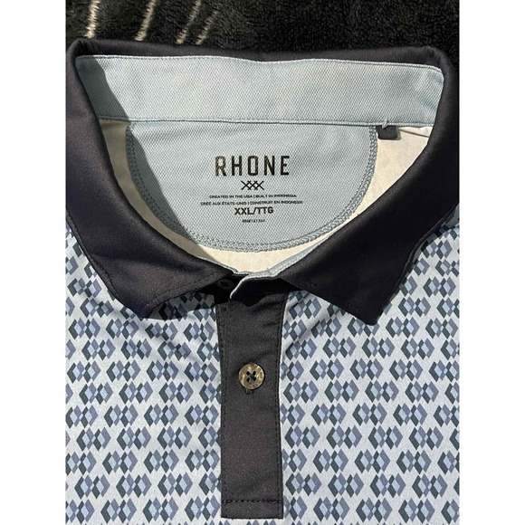 Rhone Polo Shirt Mens 2XL Blue Gray Geometric Print Navy Collar Golf Performance - Picture 3 of 5